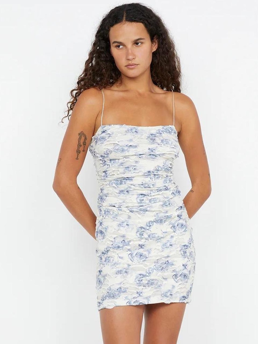 Bec + Bridge Floral Ruched Mini Dress in Blue and White